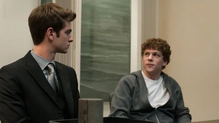 Andrew Garfield, left, and Jesse Eisenberg in Columbia Pictures' "The Social Network."
