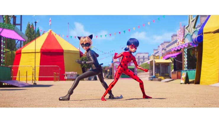 The first feature film based on the globally beloved Miraculous franchise, Miraculous: Ladybug & Cat Noir, The Movie follows ordinary teenager Marinette, whose life in Paris goes superhuman when she becomes Ladybug. Bestowed with magical powers of creation, Ladybug must unite with her opposite, Cat Noir, to save Paris as a new villain unleashes chaos unto the city. Cr: © 2023 – The Awakening Production – SND
